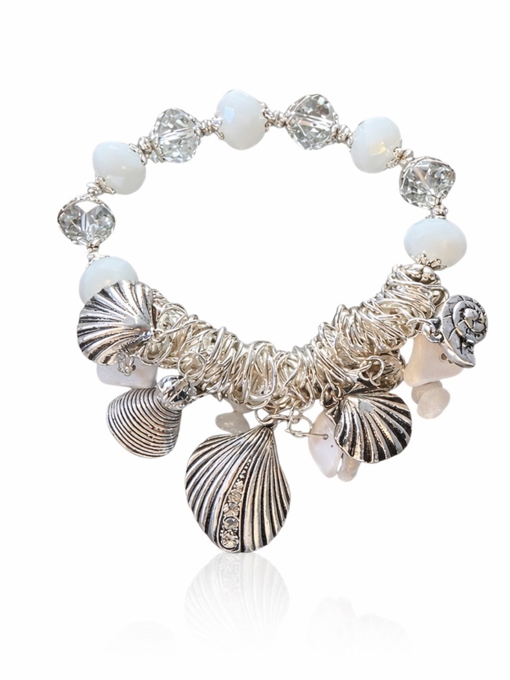 Stretch Silver & White Seashell Bracelet